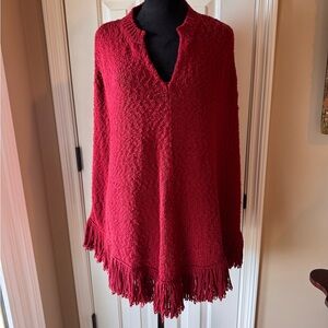Talbots Deep Red V-Neck 100% Pima Cotton Fringed Knit Poncho